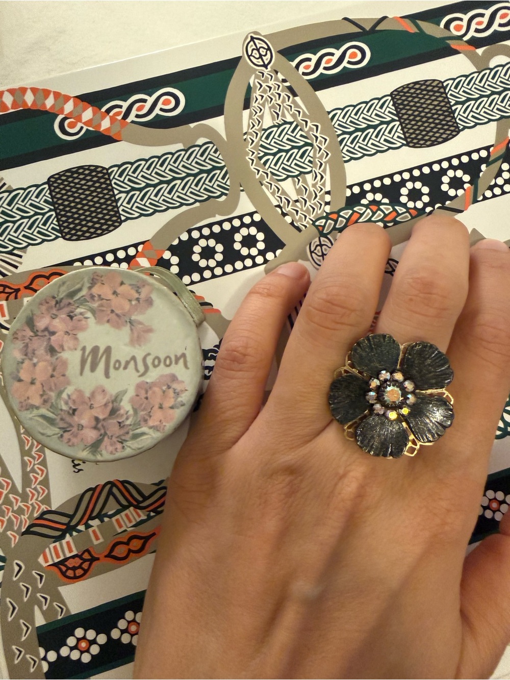Vintage Monsoon Black and Gold Flower Cocktail Ring